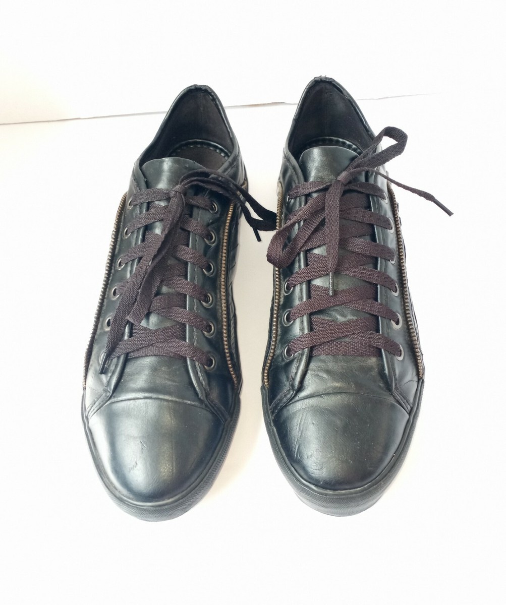 ZR75 Zara Black Leather Lace Up Zip Low Top Retro Sneakers 1346