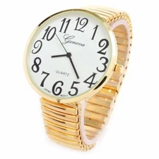 Gold Super Large Size Round Face Stretch Band Easy to Read Geneva Women's Watch