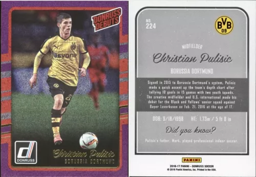 2016 Panini Donruss Soccer Christian Pulisic Donruss Debut Purple Rookie #224 RC