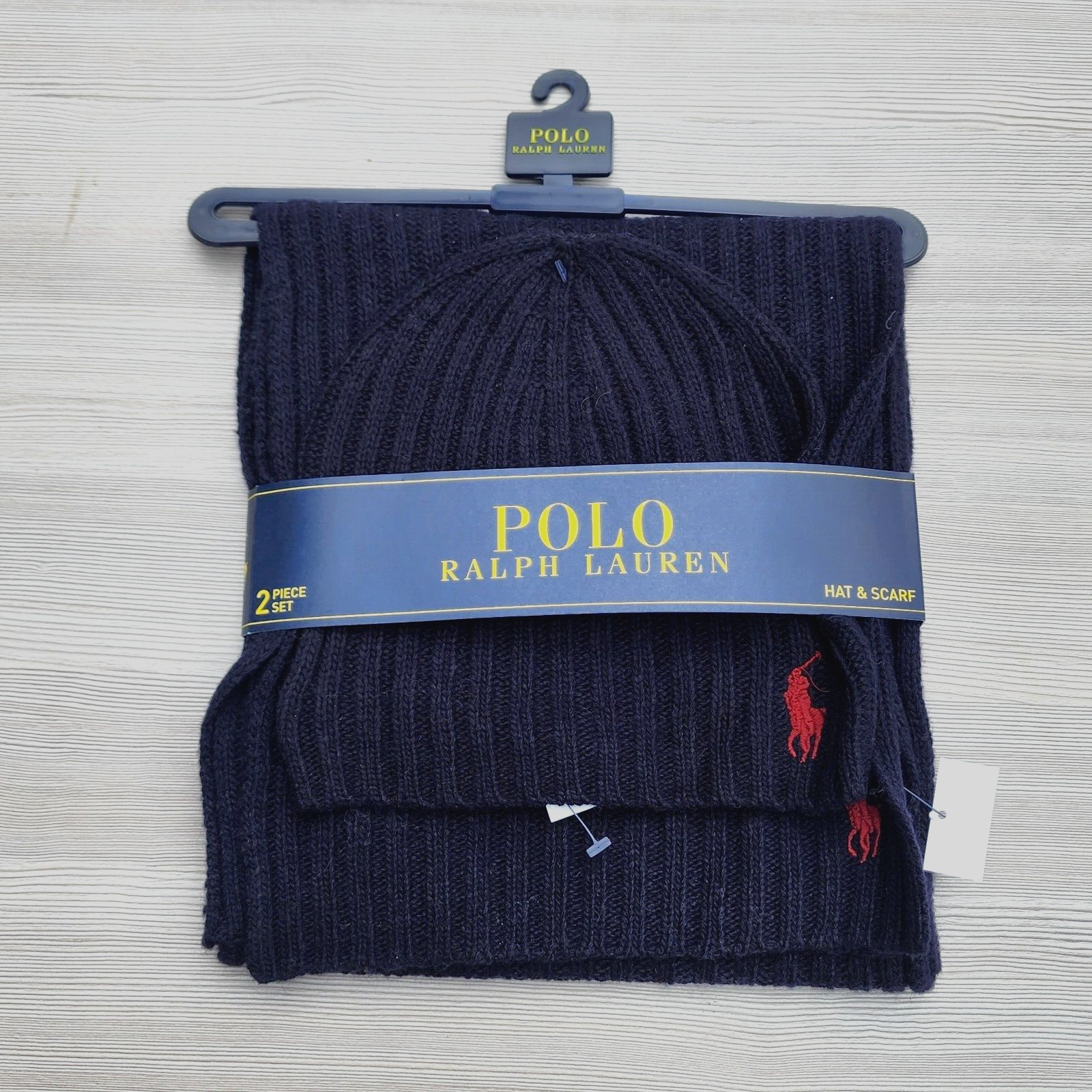 Polo Ralph Lauren Uomo Pony Logo Berretto Cappello e Sciarpa Set Regalo Blu Navy NUOVO