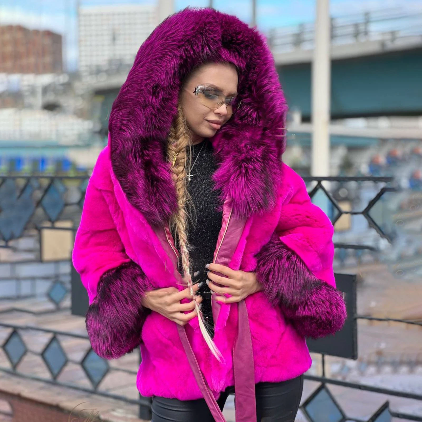 VETEMENTS Cappotto donna vera pelliccia di coniglio rex argento pelliccia di volpe con cappuccio giacca invernale pelliccia soprabito