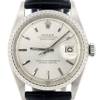 Rolex Datejust Mens SS Stainless Steel Black Strap Band Silver Dial Watch 1603