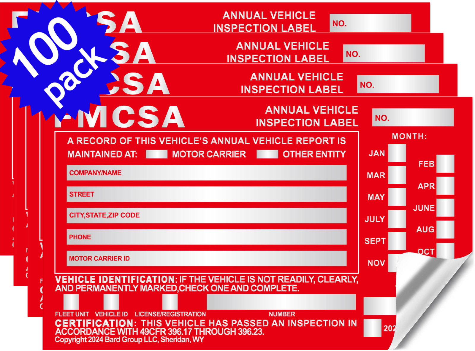 Annual Vehicle Inspection Label Sticker Aluminum FMCSA DOT 6" x 3.5". 100-PACK.