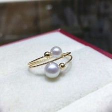 Stunning AAA 6-5mm real natural AKOYA WHITE round adjustable pearl rings 18k