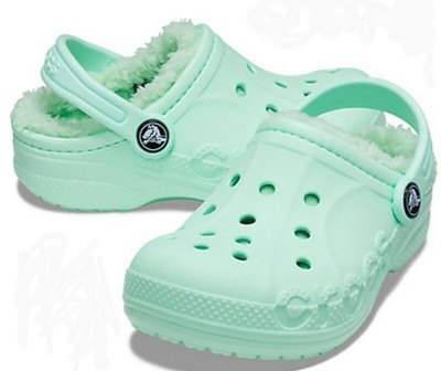 teal crocs with fur