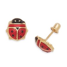 Solid 14k Yellow Gold Enamel Ladybug Screw Back Stud Earrings