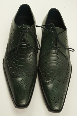 Duca MaTiSte Vero Cuoio Forest Green Italian Leather Crocodile Wingtip Derby 9.5