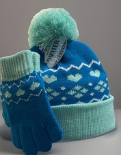 Kids Teal Aqua Hearts Cuffed Beanie Mittens Set Knit Pom Pom Warm
