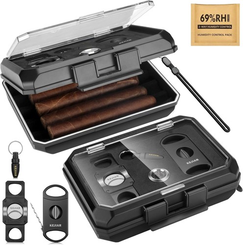 Travel Cigar Humidor Case Portable Box with 3 in 1 Cutter Black a