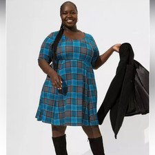 Torrid Mini Ponte V-Neck Skater Dress size 0 12 14 Blue Gray Plaid Stretch