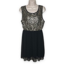 NWT Pinky Gold Sequin Black Chiffon Short Sleeveless Party Dress Women Large