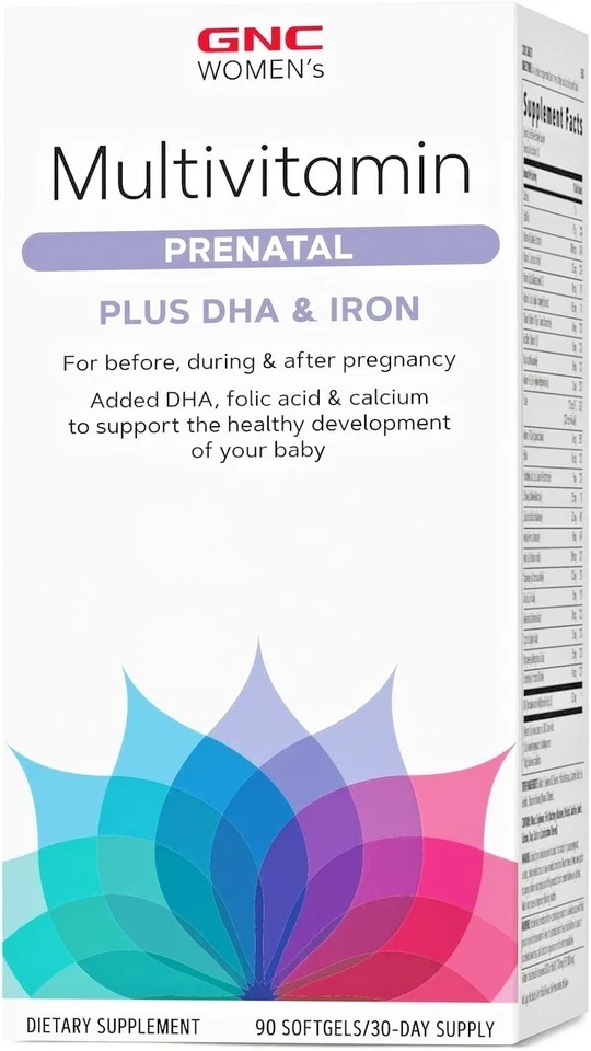 Fórmula multivitamínica prenatal para mujer GNC con DHA y hierro, 90 cápsulas blandas Foto 2 de 4