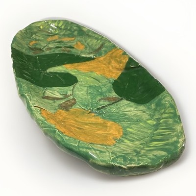 19x6.5x1'' Signed Studio Art Pottery Platter 2005 Greens Nature Leaves Low Relief