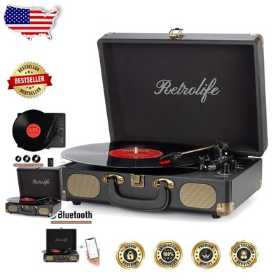 Portable Vinyl Record Player 3-Speed Bluetooth Vintage Suitcase Turntable
