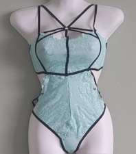 Women  s Floral Lace Bodysuit One Piece Light Blue/Black Straps One Size L