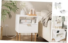 Nightstand with Charging Station, Small 1-white Stripe With Chargin Station