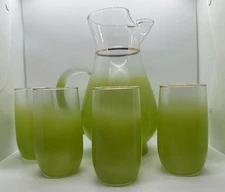 Retro Blendo Lime Green Pitcher w/5 Glasses-Gold on Glasses Rim and Pitcher Neck