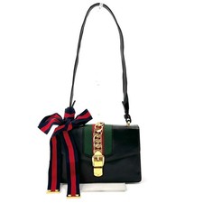 GUCCI Sylvie Shoulder Bag Black Sherry Line Leather Chain Ribbon Auth From Japan