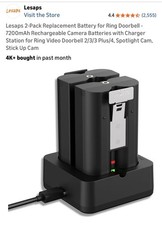 Charger Station for RING Video Doorbell 2/3/3plus/4, 2pack 7200mAh 3.65V.