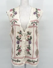 VTG Hand Knit Sweater Vest Womens Large Ivory Embroidered Cottage Grandma Core