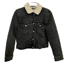 Hollister Women Sherpa Lined Denim Jacket Cropped Charcoal Gray Jean Size Medium