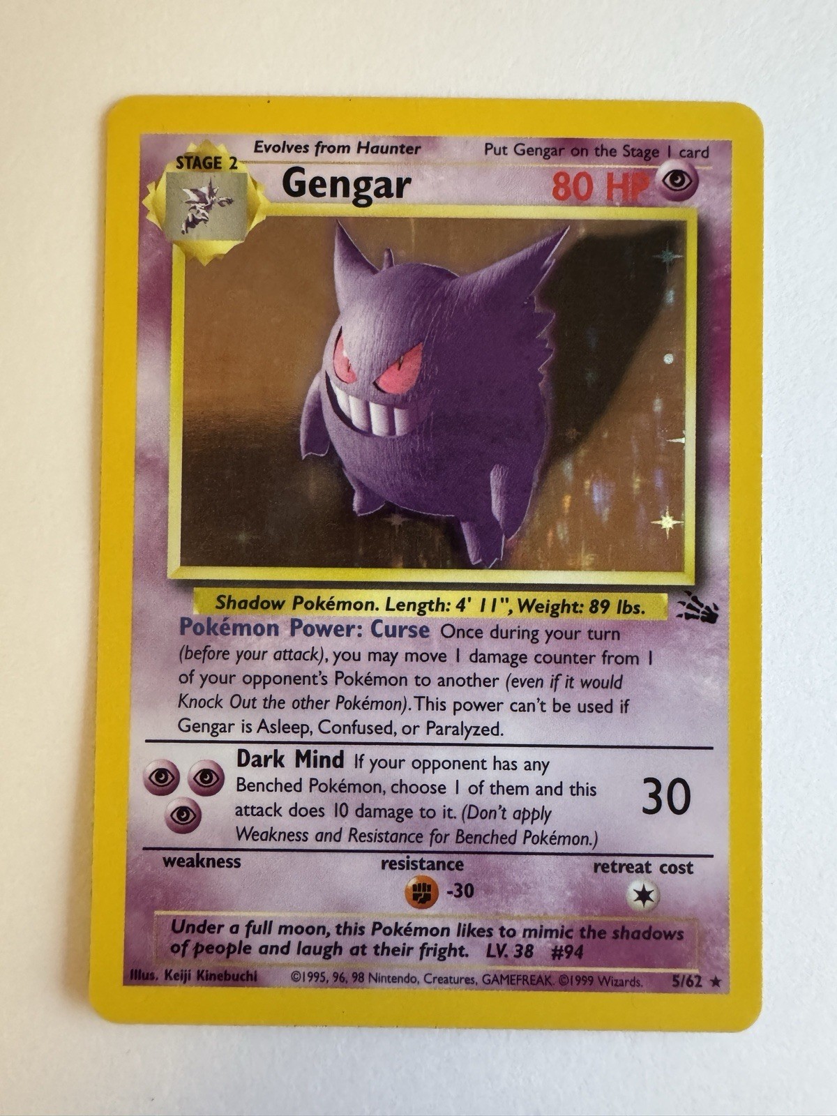 Gengar 5/62 Holofoil, Near Mint, Fossil set, Pokemon