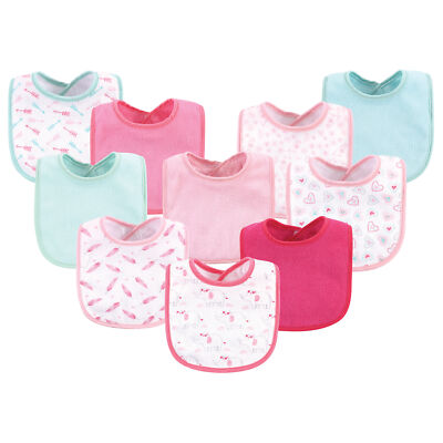 Luvable Friends Cotton Terry Bibs 10pk, Girl Elephant Damask, One Size