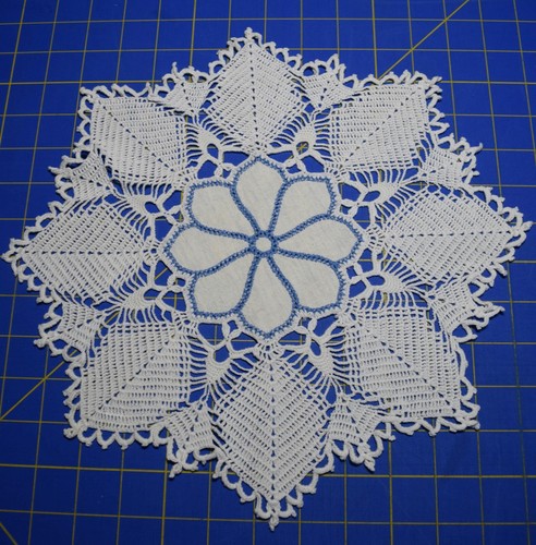 3910 Antique linen doily, linen center, hand crocheted edging, blue embroidery