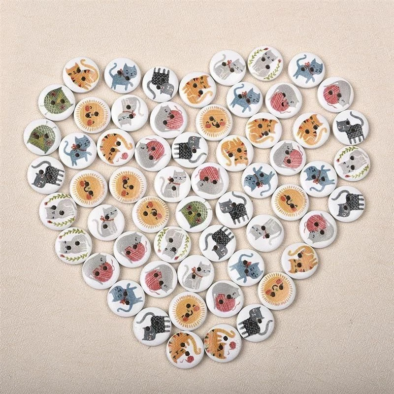 50pcs/lot Round Wooden Printed Buttons 15mm 2 Holes Wood Button Sewing Crafts Su - Image 2 of 4