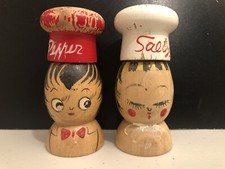Volco Brand Wooden Salt Pepper Shakers Japan Chef Hats Ladies Heads Vintage