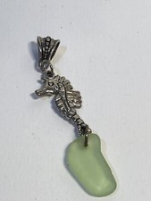 Seahorse Pendant with Green Sea Glass Dangle Silver Tone 3