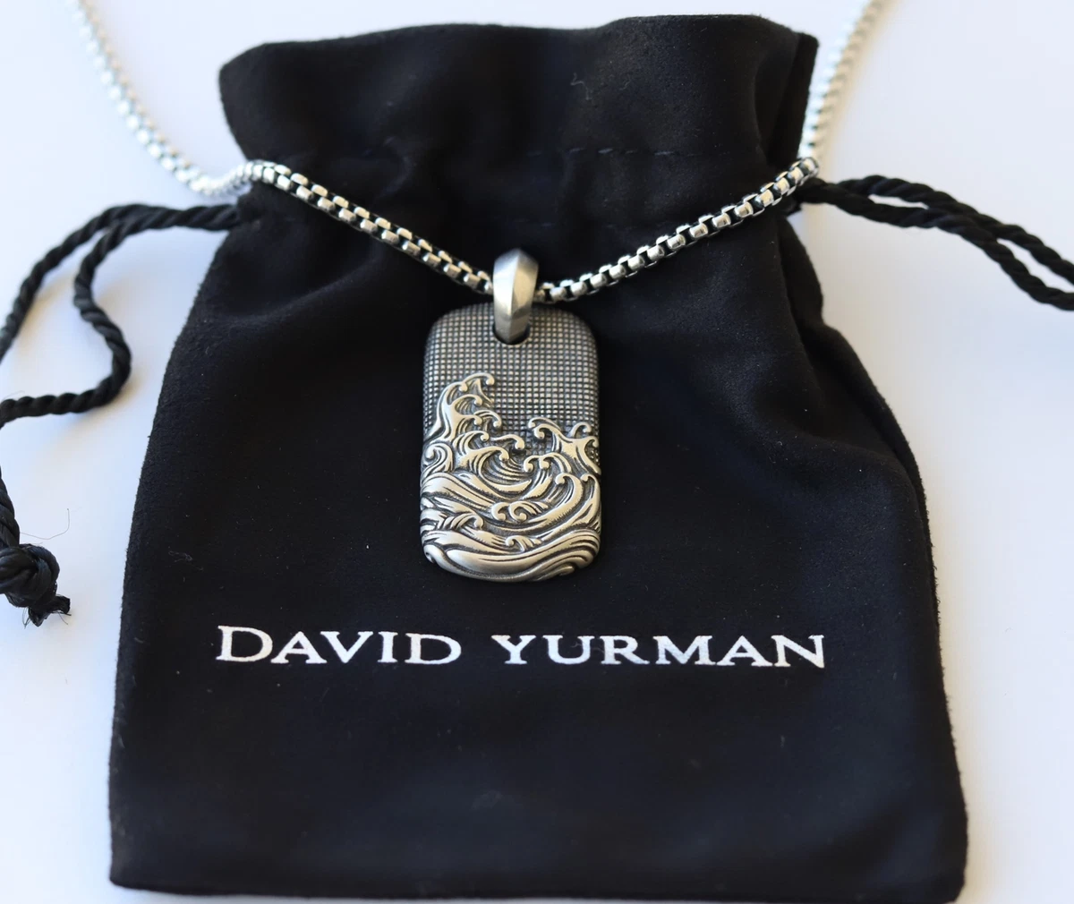 David Yurman Sterling Silver 2.7mm Box Chain Necklace w Waves Dog