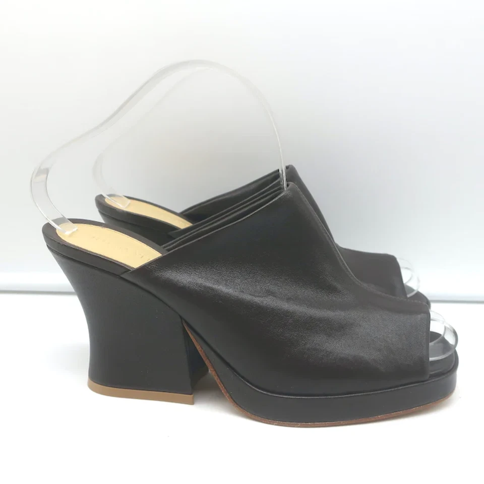 Bottega Veneta Stack Mules Cuero Marrón Oscuro Talla 38.5 Puntera Abierta Tacones NUEVO Foto 2 de 4