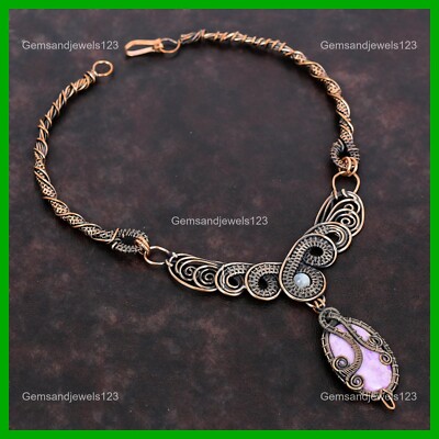 Copper Phosphosiderite Stone Rainbow Moonstone Hook Chain Wire Wrapped Necklace