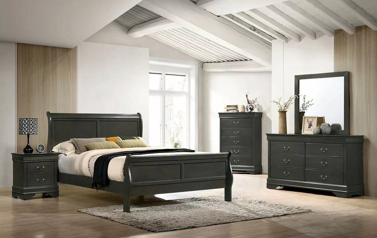 Traditional Gray Est King Size Bed Nightstand Dresser Mirror Solid