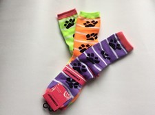 3 PAIRS LADIES NOVELTY PAW PRINT CREW SOCKS  PURPLE/ORANGE/LIME  NWL  CUTE 