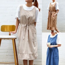 Damen Baumwolle Leinen Schürze Zuhause Küche Florist Arbeit Latz Pinafore Rüsche