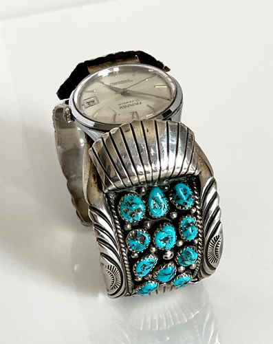 VTG Navajo Signed JW Toadlena Sterling Silver Turquoise Watch Cuff w/Watch 104gr - Picture 6 of 12