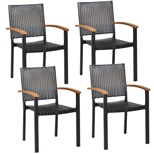 Set of 4 Outdoor Patio PE Rattan Dining Chairs Armrest Stackable