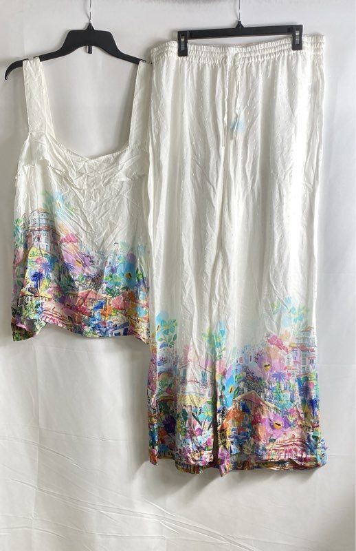 Johnny Was Women's 2-Piece Cami Top Wide Leg Pants Set White Clipped Dot XL NWT