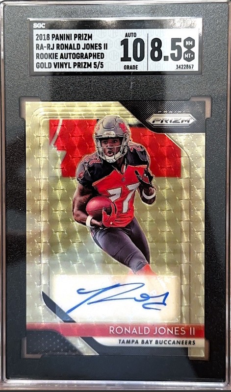 2018 Panini Prizm Ronald Jones II Rookie Gold Vinyl Prizm Auto /5 SGC 8.5