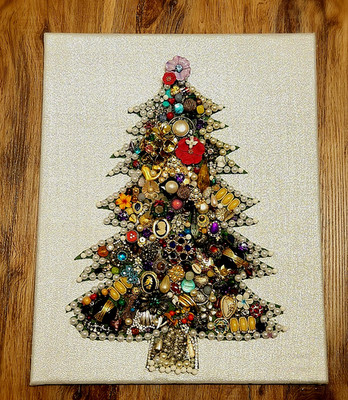 Christmas Tree Jewelry Art Handcrafted One-of-a Kind Canvas & Cloth  20'' x 16''