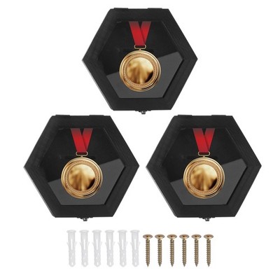 3pcs Medal Display Case, Wooden Medal Display Frame Shadow Box Hexagon, Black