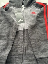 Kids Adidas Full-Zip Hoodie  Jogger Pant- grey m lange with red stripes.