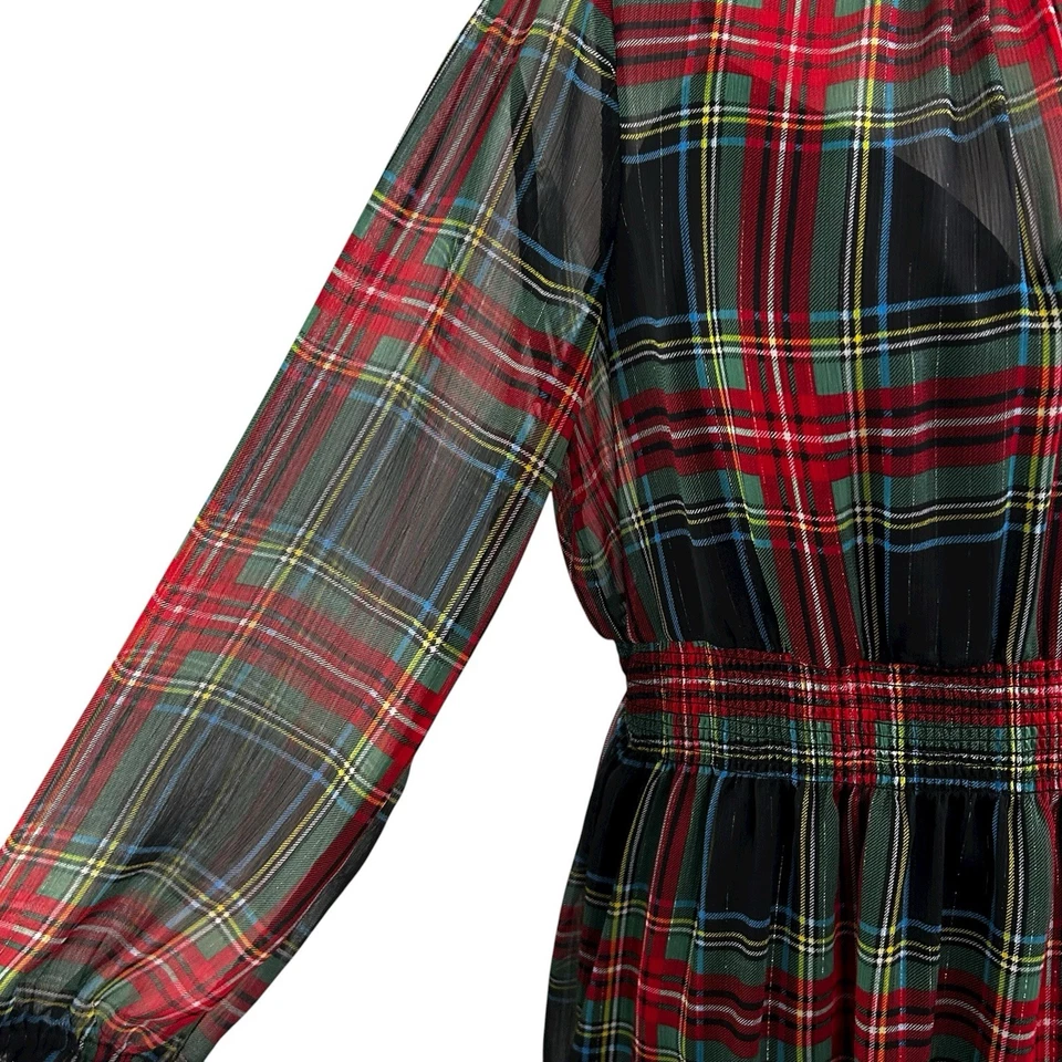VESTIDO J CREW Cuadros Gasa Transparente XL Tartán Navidad Rojo Verde Academia Preppy Foto 4 de 4