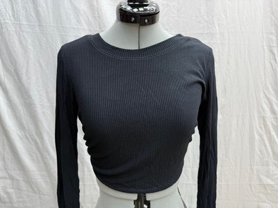 Alo Black Ribbed Long Sleeve Crop Top with Open Back and Tie Detail 4-6-54