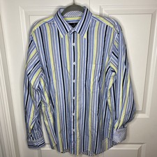 Bugatchi Shirt Mens Sz Large Blue Striped Shaped Fit Button Up Flip Cuff