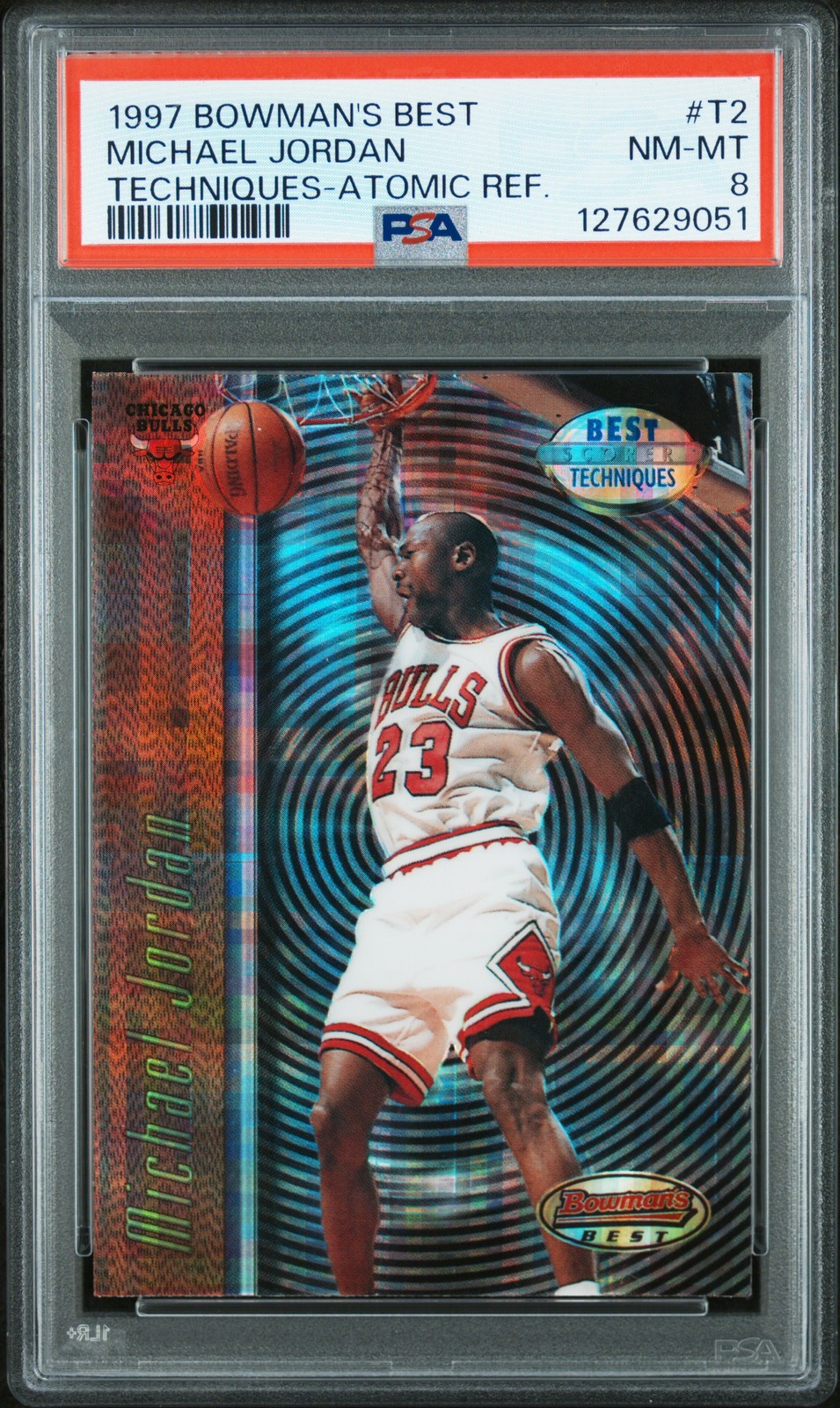 1997 BOWMAN'S BEST TECHNIQUES ATOMIC REFRACTOR #T2 MICHAEL JORDAN PSA 8