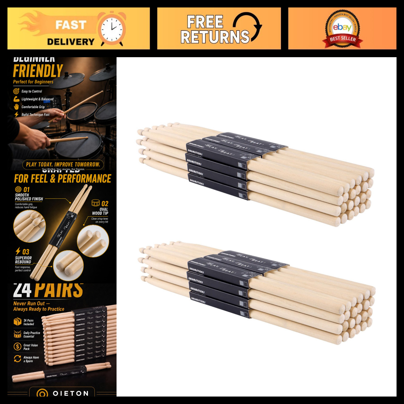 Bulk 24 Pairs Maple Wood Drumsticks - 5A Size for Beginners & Musicians