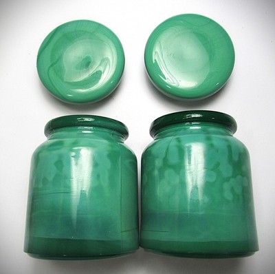 Vintage Antique Green Slag Glass Dresser Jars (2)
